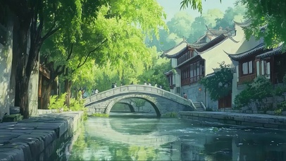 绿色夏日唯美湖畔建筑