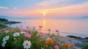 晚霞海边鲜花