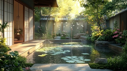 清新夏日古风庭院池塘