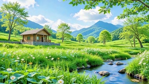 护眼蓝天下田园溪流美景