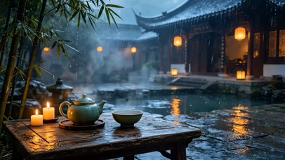 国风庭院雨景