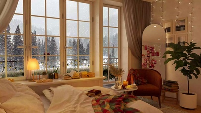 4K舒适的卧室窗外下雪