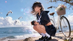 冬日暖阳海边沙滩上学院风少女