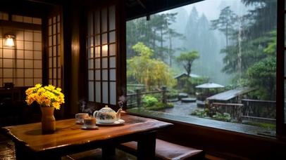 放松解压雨天木屋品茶