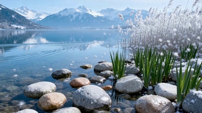 静谧雪山湖畔唯美风景