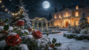 雪天圆月月下庄园