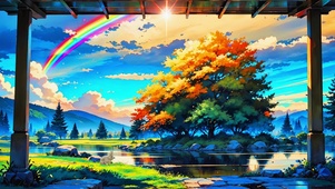 秋日湖边油画美景