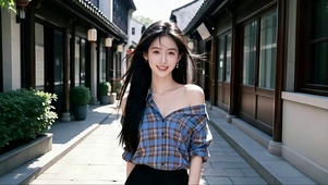 古典小巷的时尚露肩衫长发美女