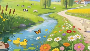 白云树木河流动物景色带鱼屏