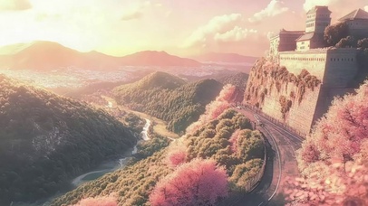 朦胧春日傍晚古城建筑