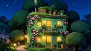 夜景树木房屋绿景