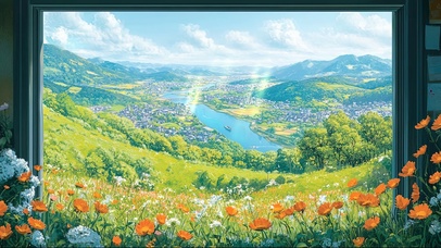 绿色山坡唯美春日花海