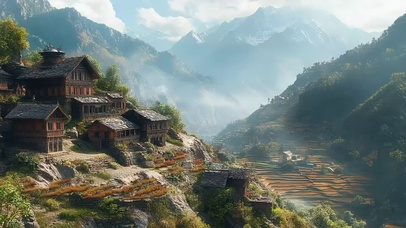 山林乡村古镇梯田建筑