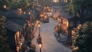 傍晚俯瞰静谧古城小镇