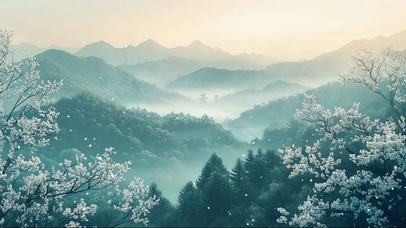 淡雅绿色朦胧山林景色