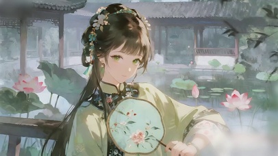 荷塘庭廊执扇纳凉的少女