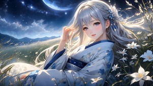 夜色花海中的少女