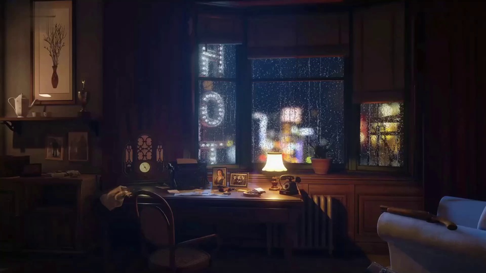 雨夜复古书房暖光场景