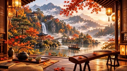唯美国风山水木屋