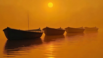 日出迷雾海面木船