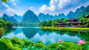 护眼绿色山水湖泊荷花