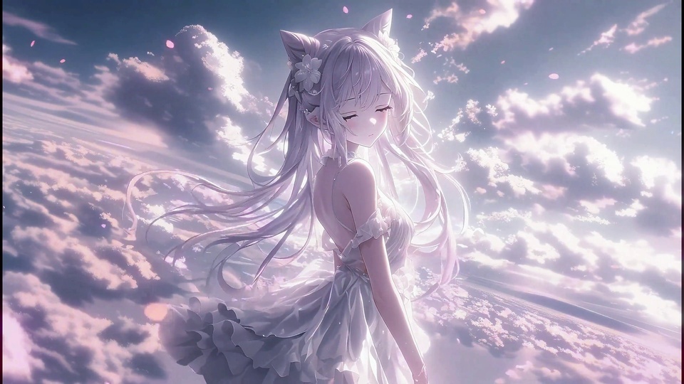 银白长发猫耳少女立在云海间，身穿露背白纱裙，空中飘着粉色花瓣。