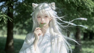 林间白发猫耳古风美少女