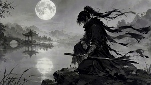 古风月夜水墨武士