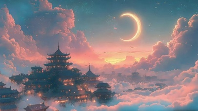梦幻云层古城月下建筑