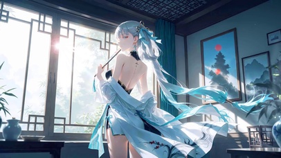古风少女-蓝发-中式窗格茶室