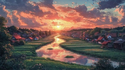 乡村小镇溪流晚霞黄昏