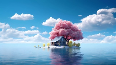 唯美的湖心樱花树小屋