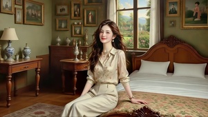 古典卧室里坐在床边的长发美女
