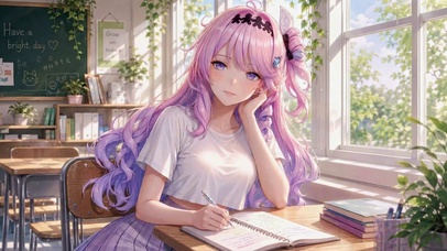 教室窗边学习的粉发美少女