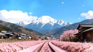 雪山樱花树木房屋双屏