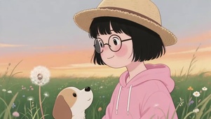 女孩和狗狗治愈插画