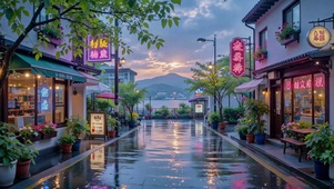 雨后治愈湖畔街道黄昏美景