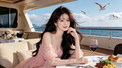 游艇上惬意享用美食的性感美女