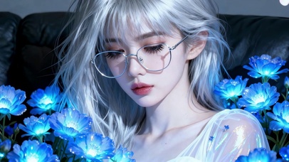 蓝光花丛银发眼镜美女