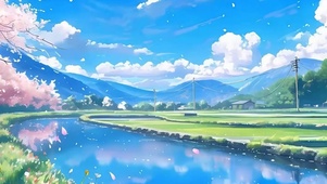 白云树木河流带鱼屏