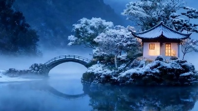 夜景雪景湖面带鱼屏