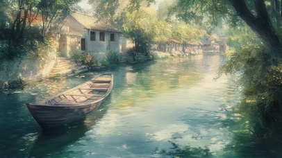 春日朦胧午后溪流小船