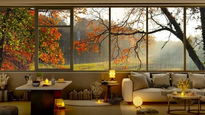 秋天清晨别墅小屋 