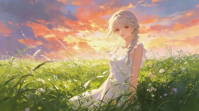 晚霞草原女孩