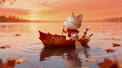 秋天划船的猫咪