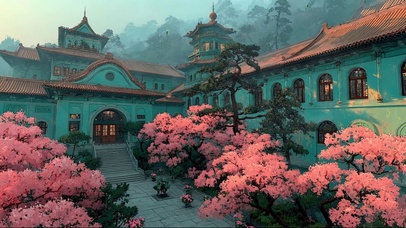 静谧迷雾山谷古建