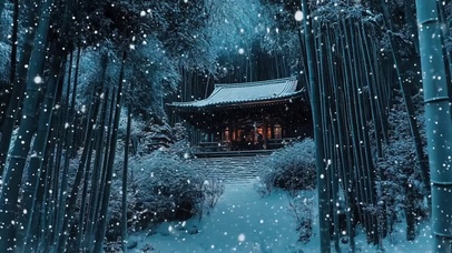 冬日竹林傍晚飘雪古建
