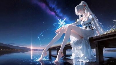 星空湖畔银发少女绯雪