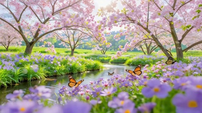 春意樱花河流