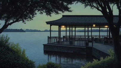 傍晚静谧蓝调河岸栈桥